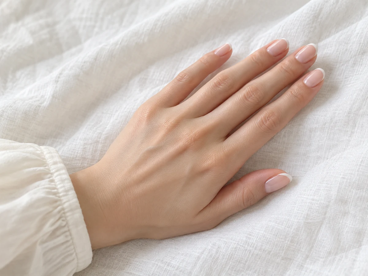 白いリネンの上に斜めに置かれた手と、淡いピンクのフレンチネイル